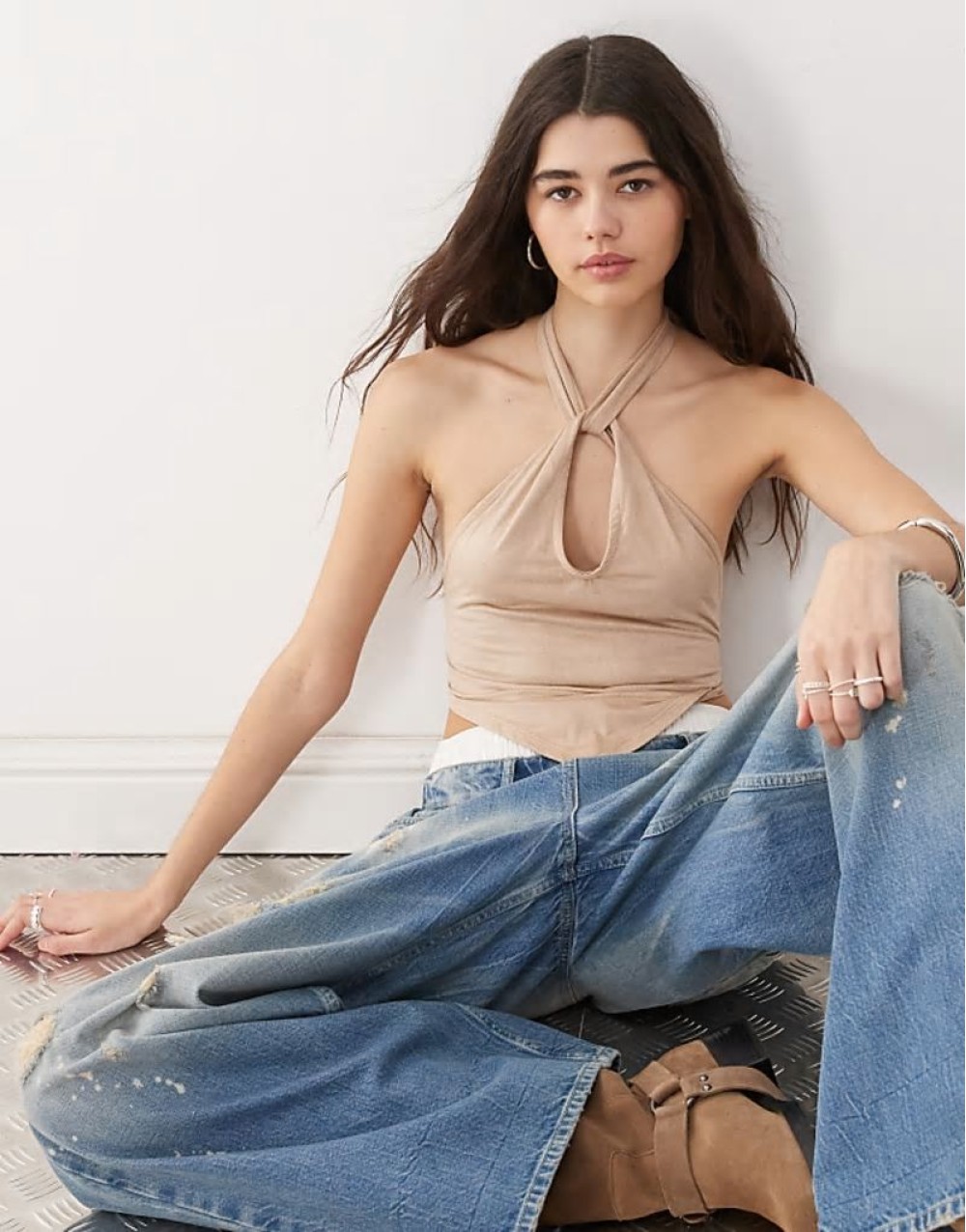 faux suede twist   neck top in brown