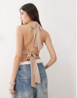 faux suede twist   neck top in brown