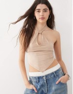 faux suede twist   neck top in brown