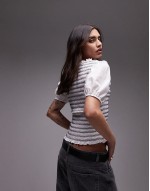 V neck puff sve shirred top in mono stripe
