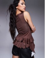 asymmetric mesh top in brown polka dot