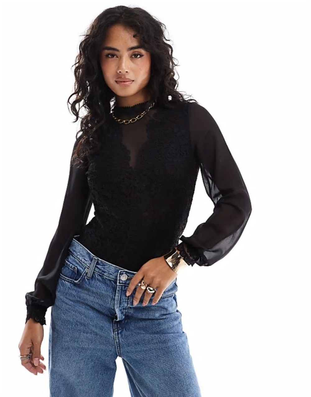 lace high neck mesh plunge detail long sve bodysuit in black