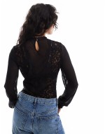 lace high neck mesh plunge detail long sve bodysuit in black