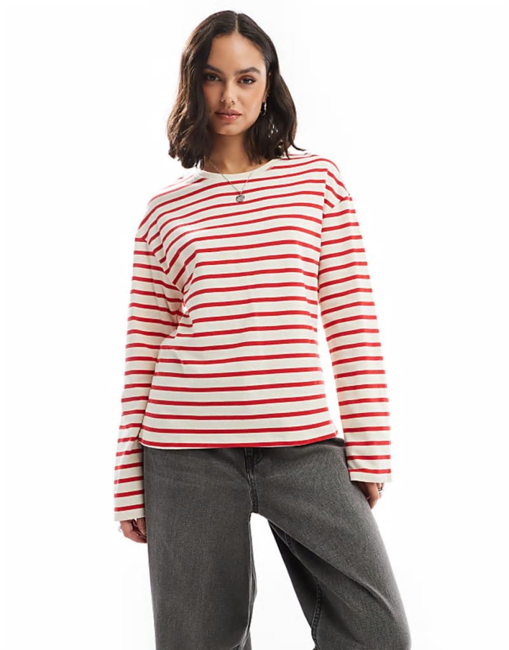 long sve stripe t-shirt in cream & red stripe