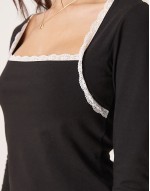 monochrome picot trim long sve top in black