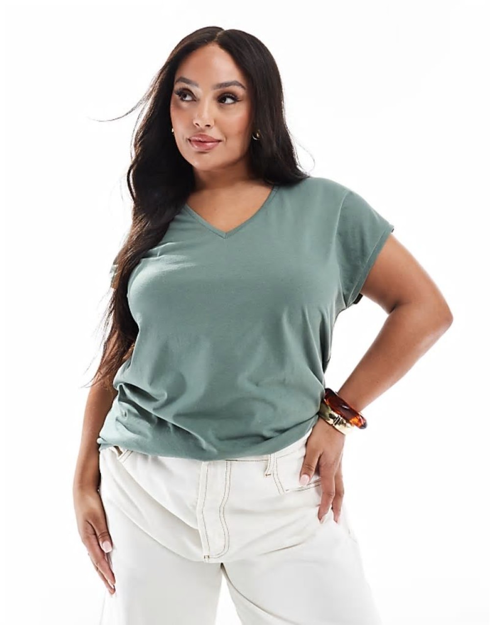 relaxed oversized v neck t-shirt in khaki