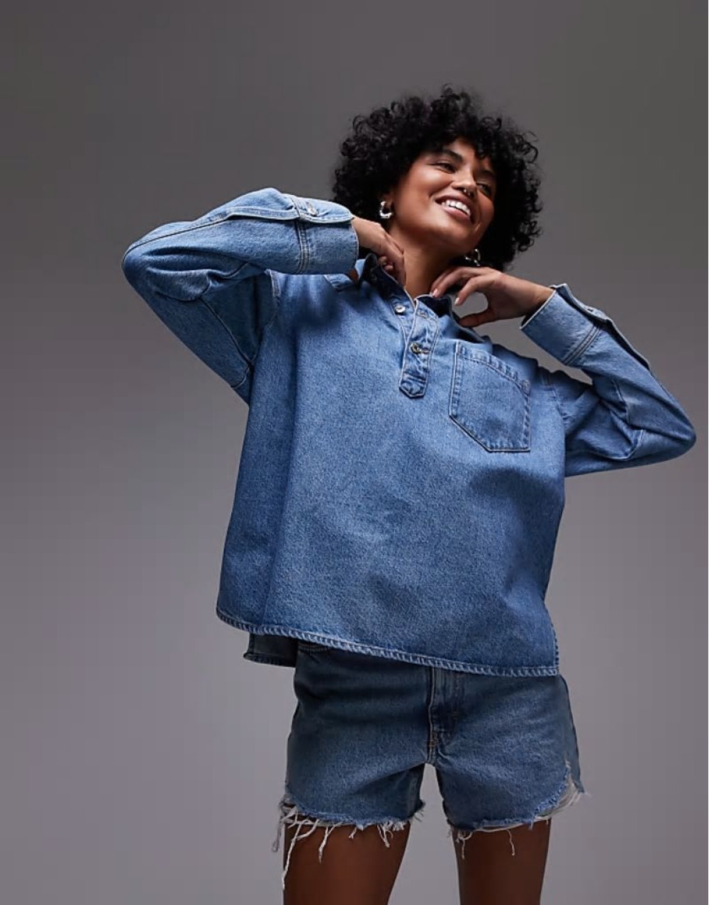 denim open collar overshirt in blue