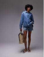 denim open collar overshirt in blue
