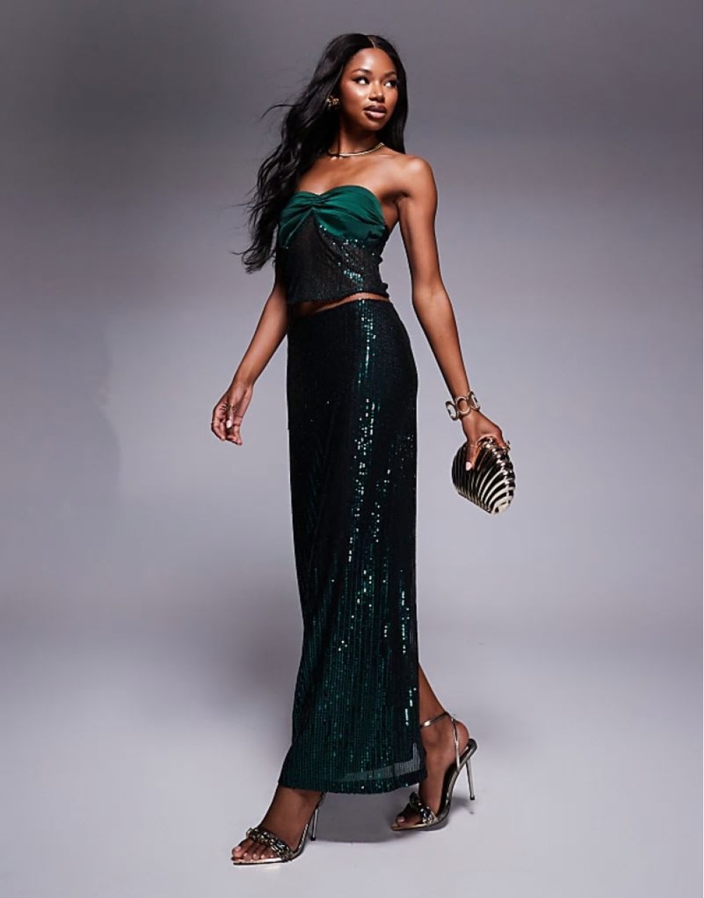 sequin bandeau top & maxi skirt co-ord in emerald sequin