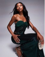 sequin bandeau top & maxi skirt co-ord in emerald sequin
