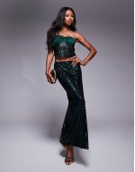 sequin bandeau top & maxi skirt co-ord in emerald sequin