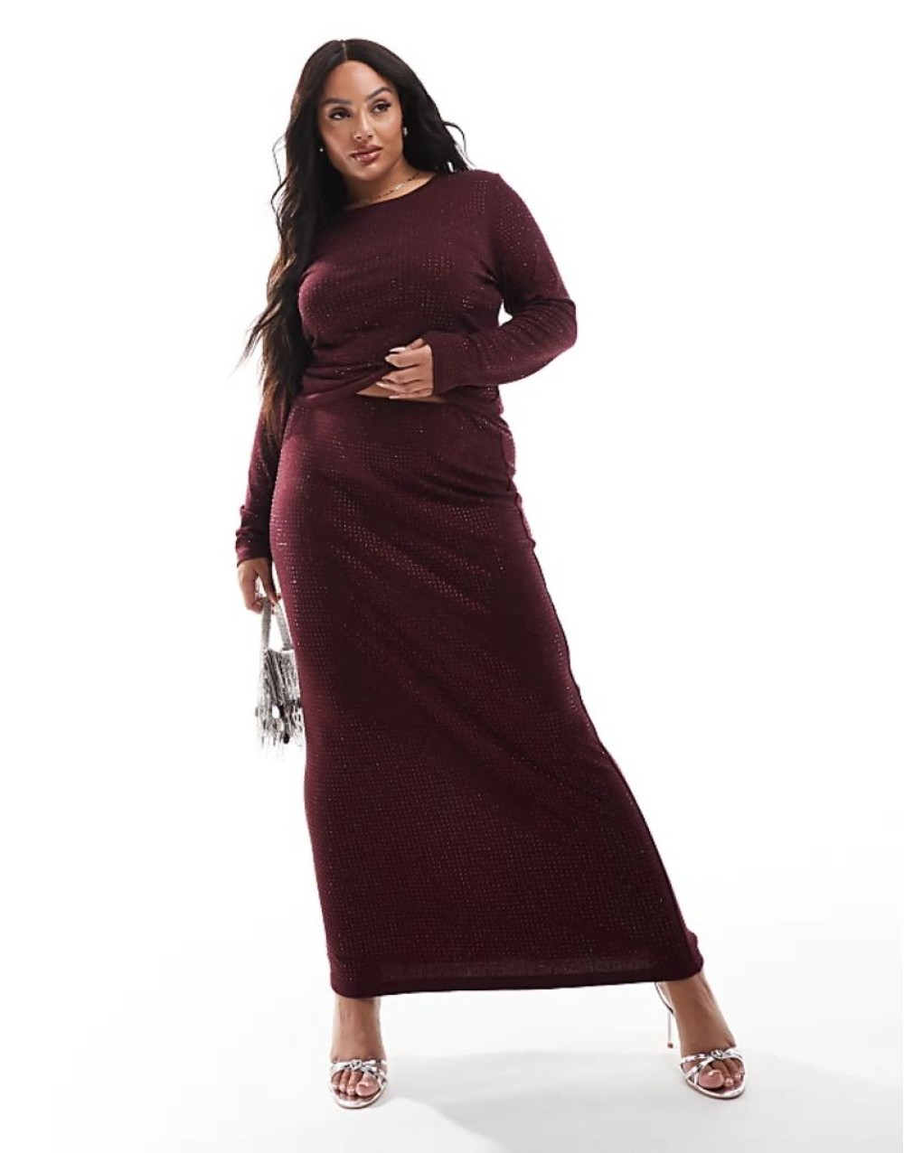 all over hotfix maxi skirt co-ord in burgundy