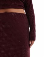 all over hotfix maxi skirt co-ord in burgundy