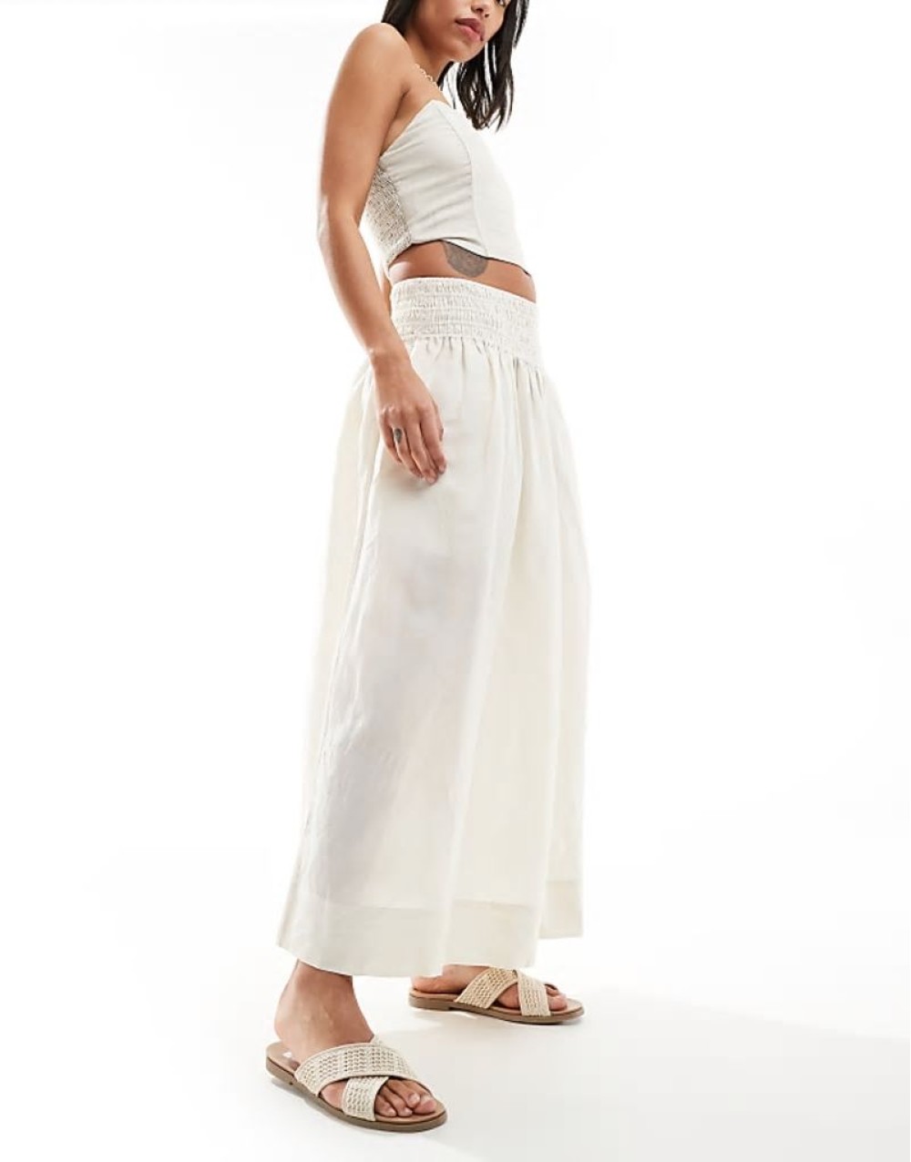 maxi skirt with ruched basque in light beige