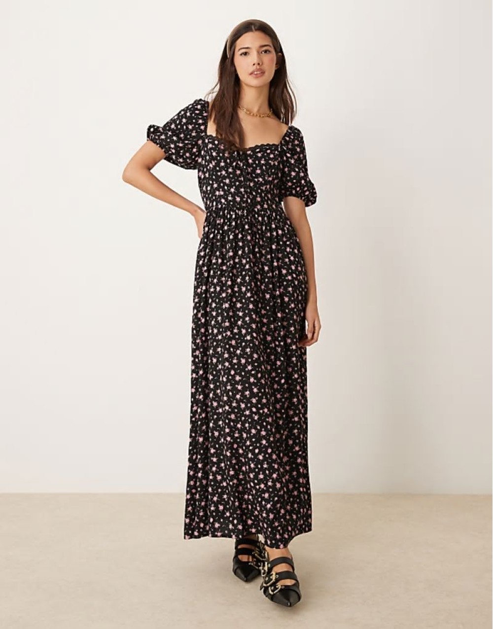 corset maxi dress in ditsy print