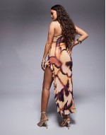 Petite mesh frill with contrast black straps maxi dress in yellow floral abstract print