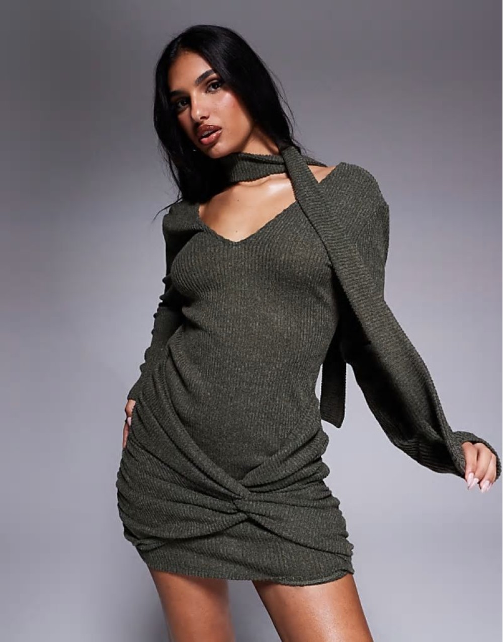 ribbed twist front deep V tie neck mini dress in khaki