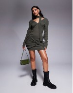 ribbed twist front deep V tie neck mini dress in khaki