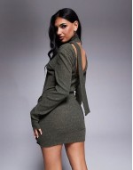 ribbed twist front deep V tie neck mini dress in khaki