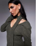ribbed twist front deep V tie neck mini dress in khaki
