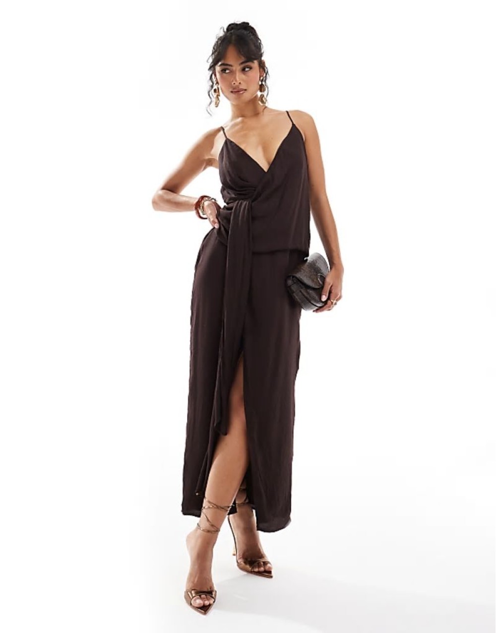 cami strap drape tuck detail midi dress in aubergine
