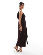 cami strap drape tuck detail midi dress in aubergine