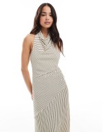 stripe panelled beach wrap maxi dress in brown & white