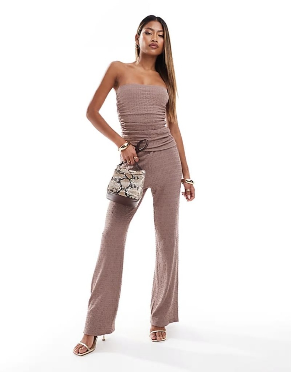Premium textured flare leg trouser co-ord in light brown