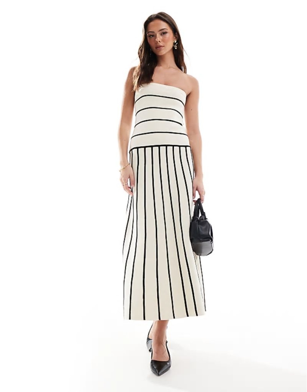 bandeau contrast stripe knit midaxi dress in black and cream