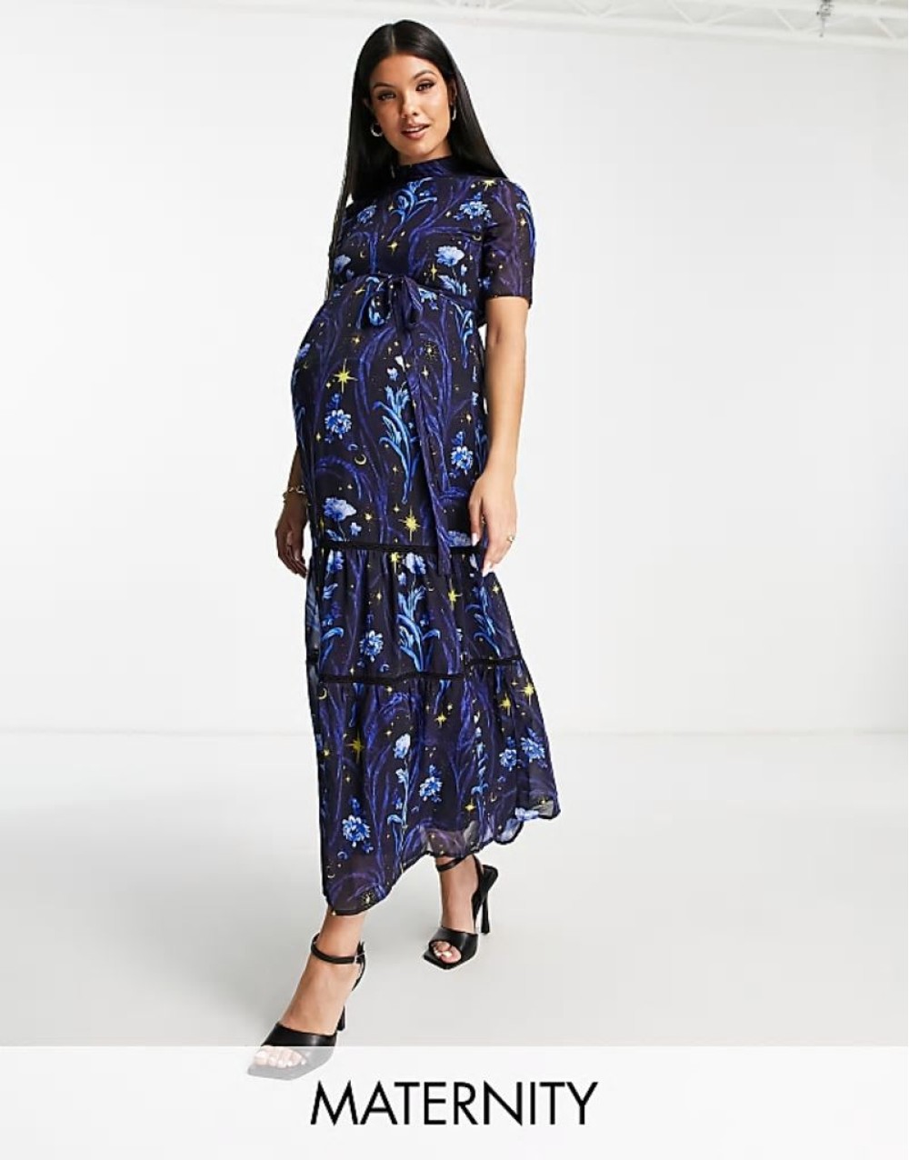 open back star print midi dress in cobalt