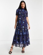 open back star print midi dress in cobalt