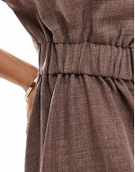 linen look mini dress with gathered detail in brown