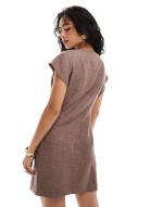 linen look mini dress with gathered detail in brown