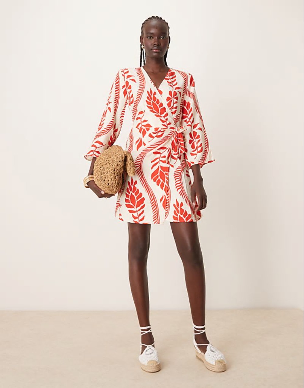 wrap kimono dress in red floral print