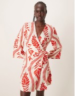 wrap kimono dress in red floral print
