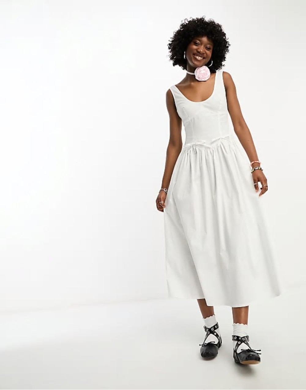 tie detailed smock midi dress in white