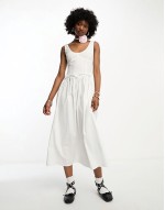 tie detailed smock midi dress in white