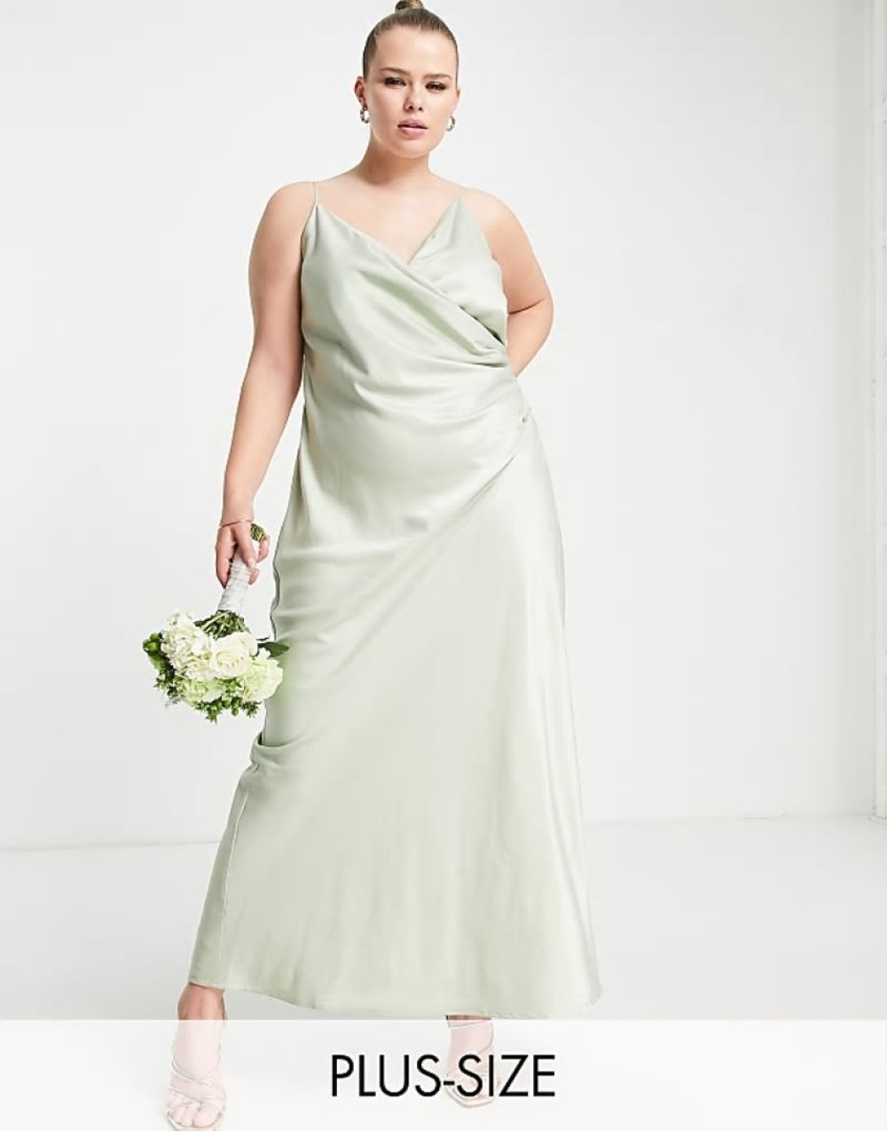 Bridesmaid cami maxi dress with ruching in green satin
