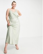 Bridesmaid cami maxi dress with ruching in green satin