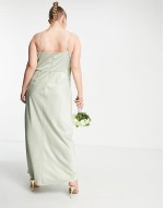 Bridesmaid cami maxi dress with ruching in green satin