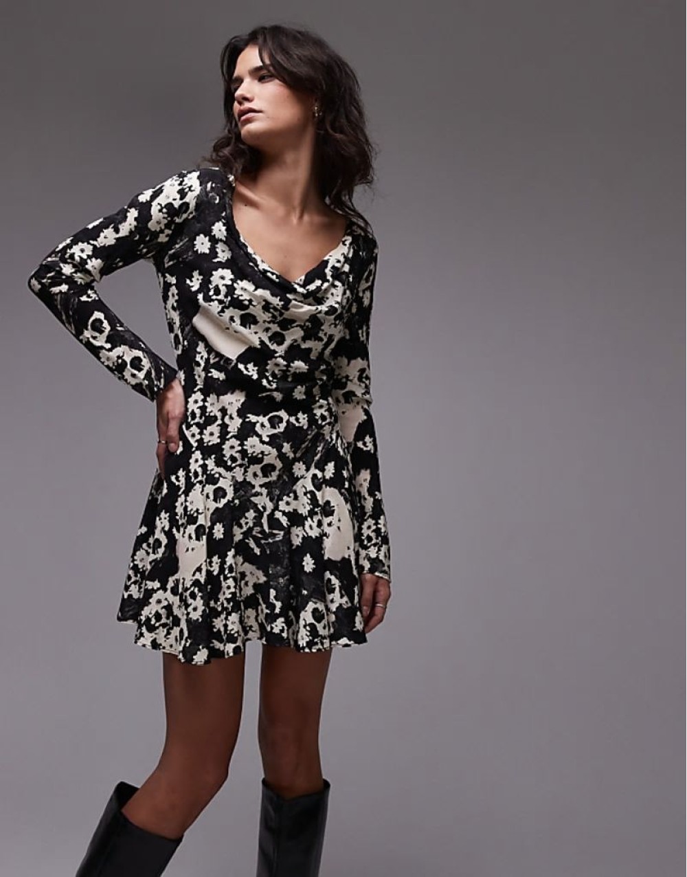 deep cowl neck tea dress in mono floral