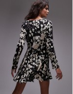 deep cowl neck tea dress in mono floral