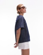 linen denim top with volume sves in clean indigo blue