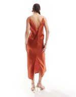 satin cami maxi dress with lace trim in rust