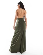 halter neck with cut out maxi dress with ruching in khaki