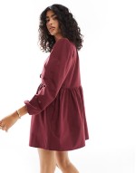 poplin tie front long sve dress in burgundy