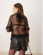 lace high neck blouse in black