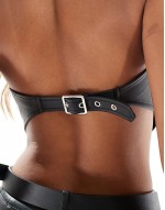 leather look bandeau scarf hem top with buckle strap in black