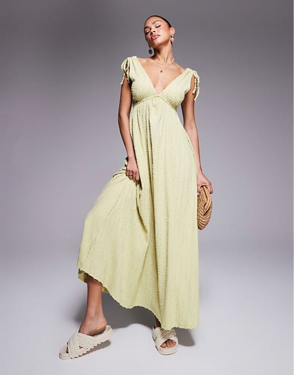 textured deep V trapeze midi dress in sage