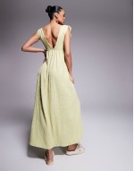 textured deep V trapeze midi dress in sage